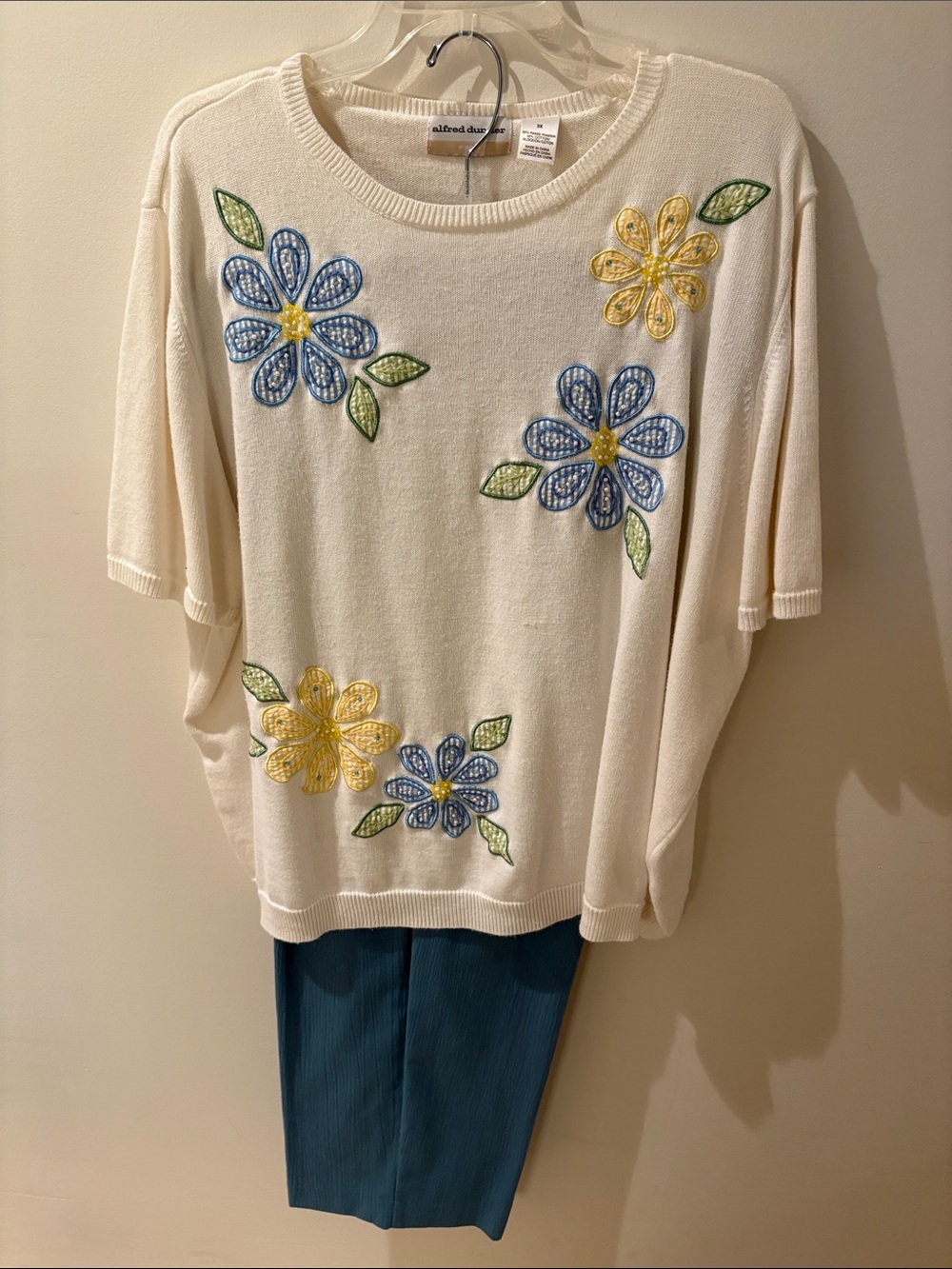Alfred Dunner Cream Floral Embroidered Short-Sleeve Sweater Top